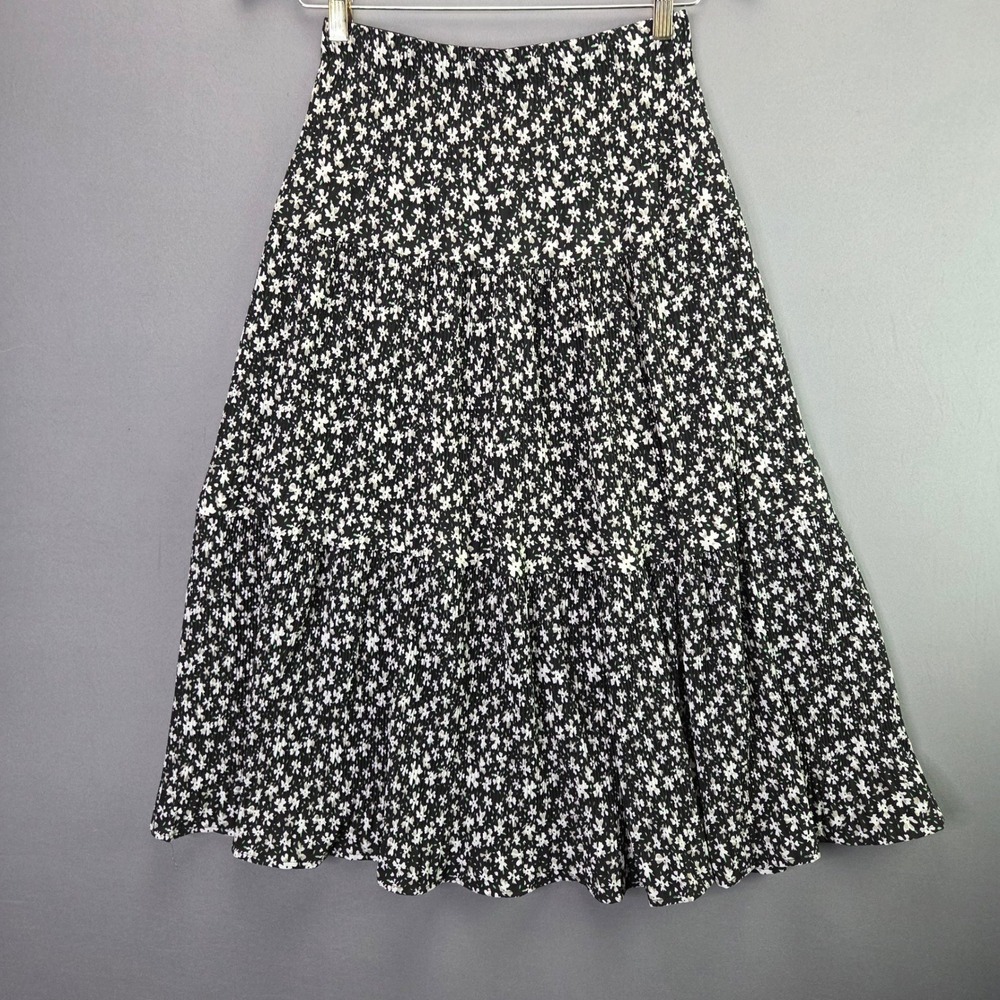 Alice Blue Midi Skirt S Black Floral Pleated Tiered Elastic Waist Flowy Boho